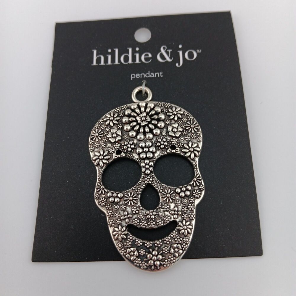 Hildie & Jo Sugar Skull / Skeleton Pendant - SIlvertone Metal Charm 2.5" 2019